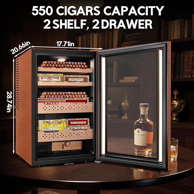 Tylza Leather Trim Cigar Humidor, 70L Cigar Humidor Cabinet with Auto Humidity & Temp Control, 550 Counts, 3 LED Lights, Spanish Cedar Wood, Cigar Humidors with Safety Lock, Gifts for Men