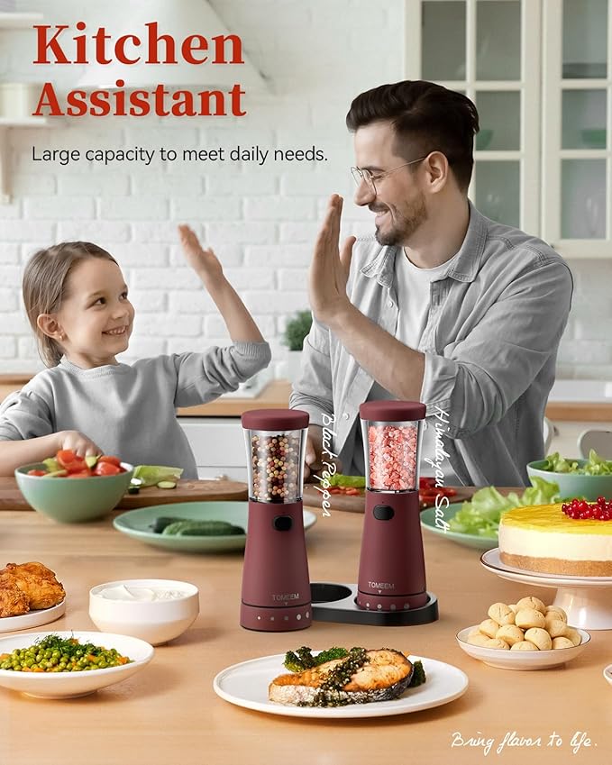 Electric Salt and Pepper Grinder Set with Storage Base, Stainless Steel Rechargeable Salt and Pepper Grinder Set with 4.5 oz Large Capacity, 1.8" Wide Mouth, Adjustable Coarseness, Ideal for Kitchen