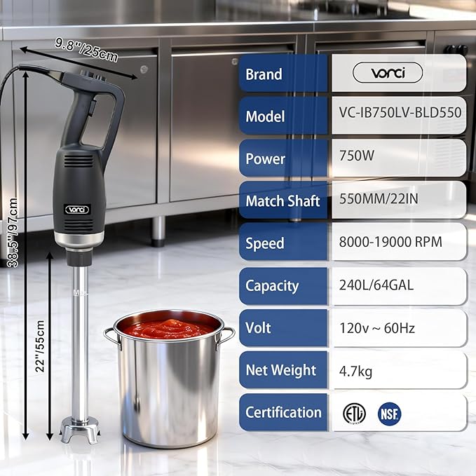 VONCI 750W Commercial Immersion Blender, Extra Heavy Duty Hand Blender with Variable Speed 8000-19000RPM, Handheld Stick Mixer with 22" SUS 304 Shaft, Commercial Emulsifier for Restaurant Kitchen.
