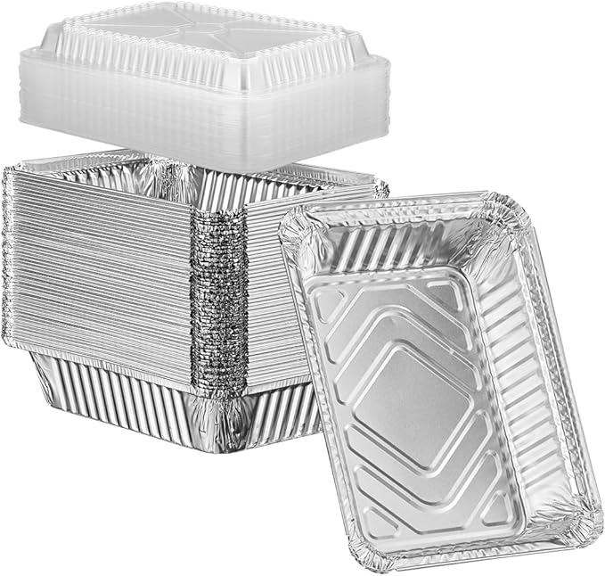 GUSTO [2 lb - 50 Count Disposable Aluminum Foil Pans with Clear Dome Lids, 8x5 Takeout Pans – Great for Baking, Cooking, Storage, and Freezing (Formerly Comfy Package)