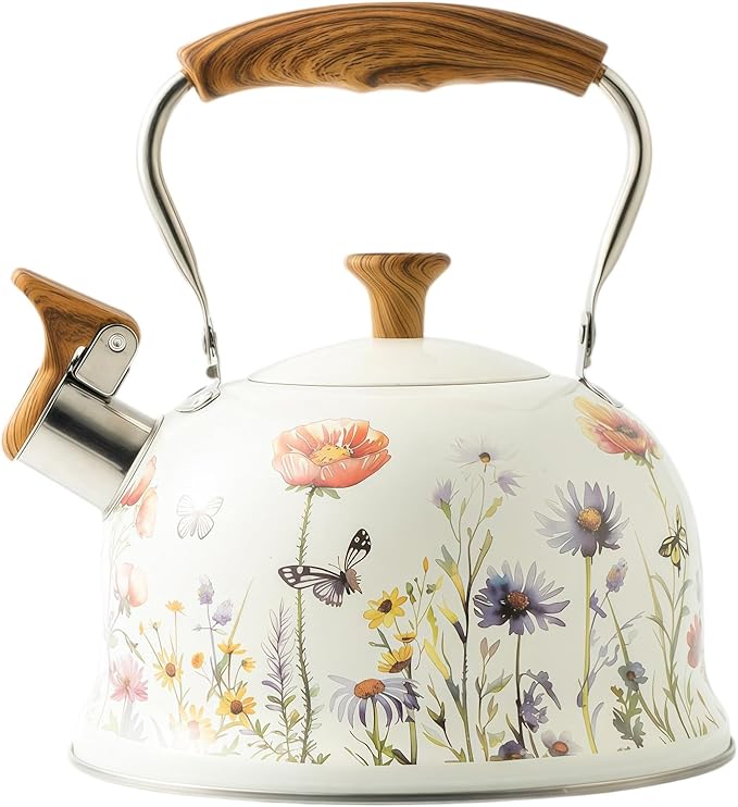 Tea Kettle for Stove Top, 2.7 Quart Whistling Kettle with Floral Pattern for Boiling Water Coffee or Milk, Stainless Steel Tea Pots with Wood Pattern Folding Handle, Work for All Stovetops