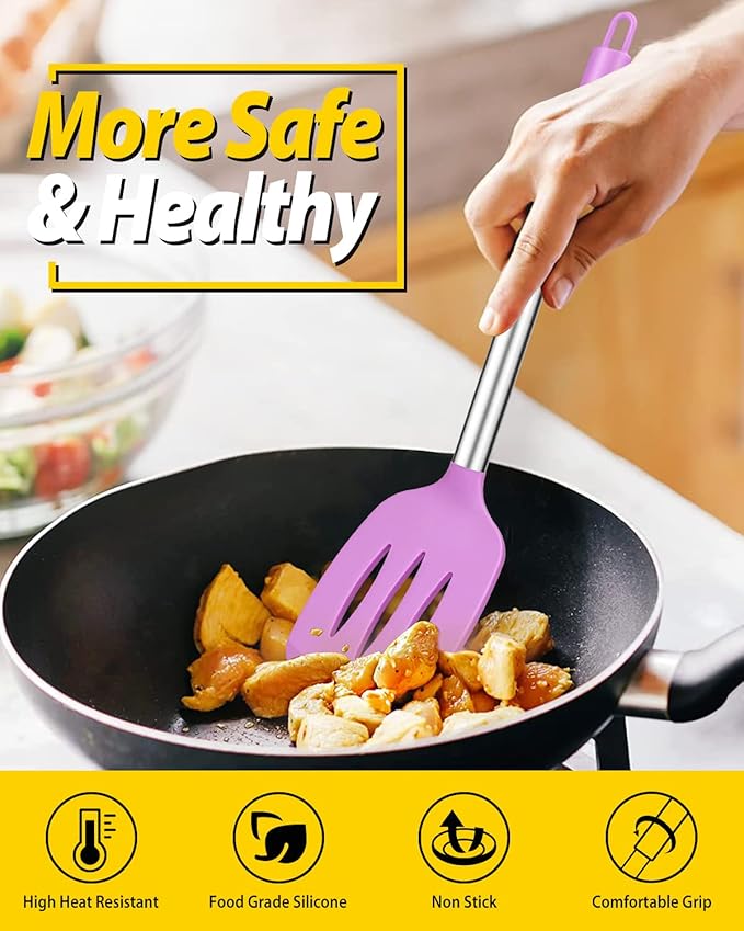 Pack of 2 Silicone Solid Turner, Non Stick Slotted Kitchen Spatulas, High Heat Resistant BPA Free Cooking Utensils, Ideal Cookware for Fish, Eggs, Pancakes(Purple)