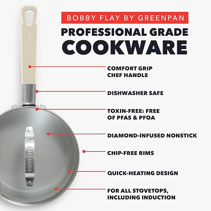 GreenPan x Bobby Flay 2.5QT Nonstick Saucepan with Glass Lid, PFAS-Free Diamond Ceramic, Induction Suitable, Stay-Cool Silicone Handle, Easy Clean Dishwasher & Oven Safe, Chef Pan, Cream
