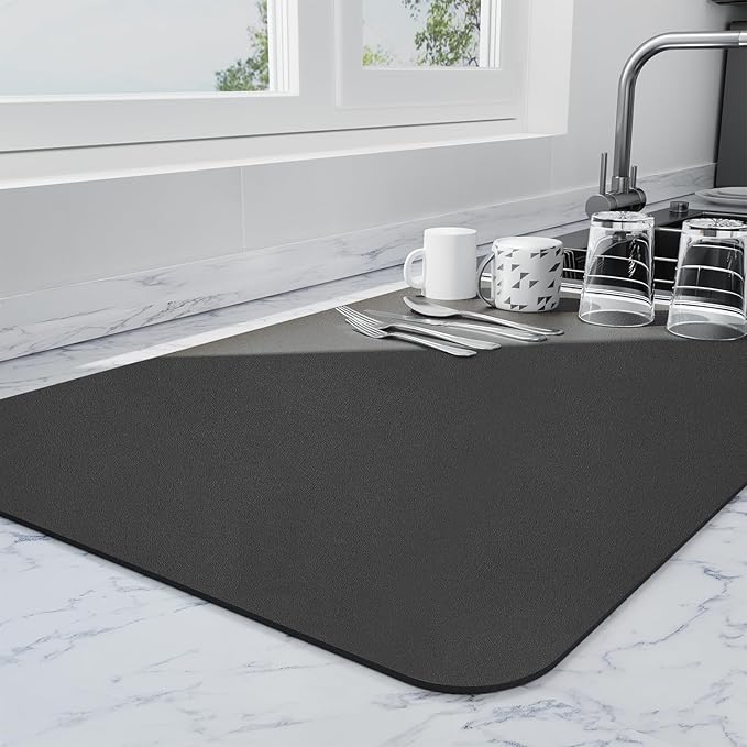 Ecotrim - Dish Drying Mat for Kitchen Counter | Coffee Bar Mat for Countertops | Heat Resistant Drainer Mat with Non-slip Rubber Backed | Hide Stain Kitchen Absorbent Draining Mat | Black 16"x18"