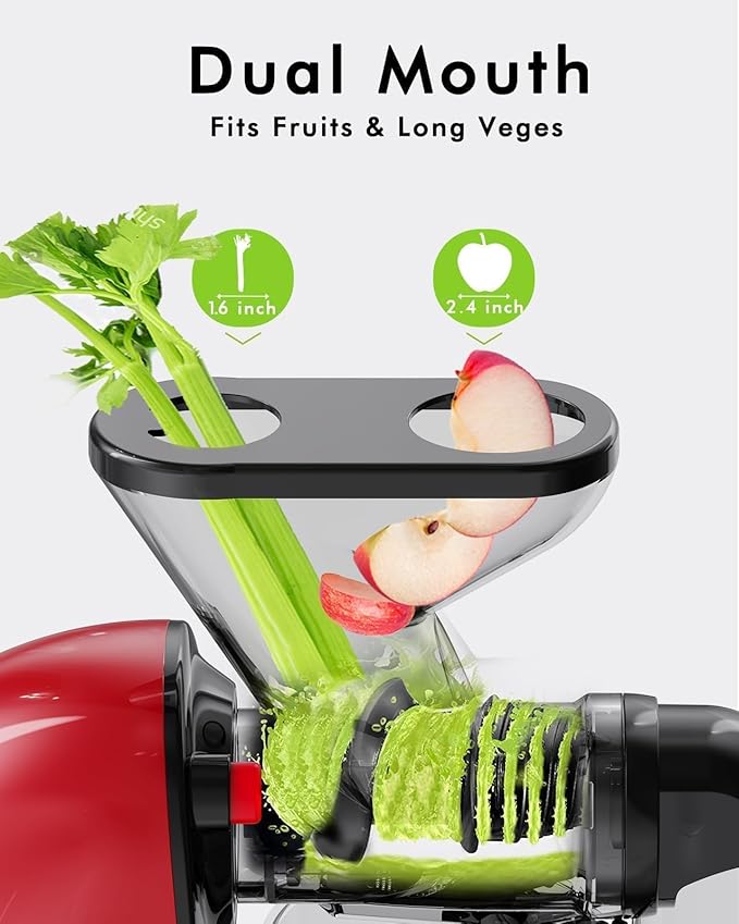 SIFENE Cold Press Juicer, 2nd Gen Dual Wide Mouth Slow Masticating Juicer for Whole Fruit, Celery & Ginger, High Yield Extractor, Quiet Motor, Reverse Function, Red