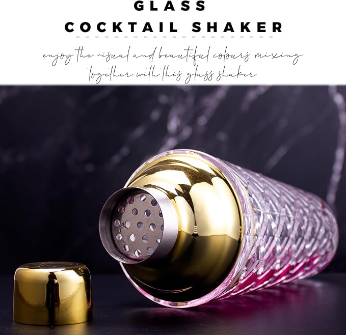 Gold Cocktail Shaker Set - Premium Glass Bartender Kit with Measuring Jigger, Mixing Spoon, and Muddler