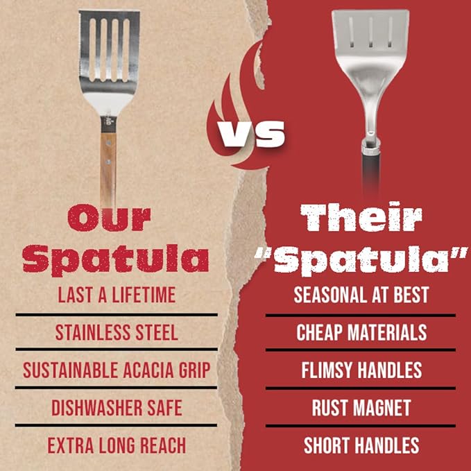 BBQ-AID Pro BBQ Metal Spatula - 17" Barbecue Spatula Stainless Steel with Serrated Knife Edge - Acacia Wood Handle - Heavy Duty Built to Last