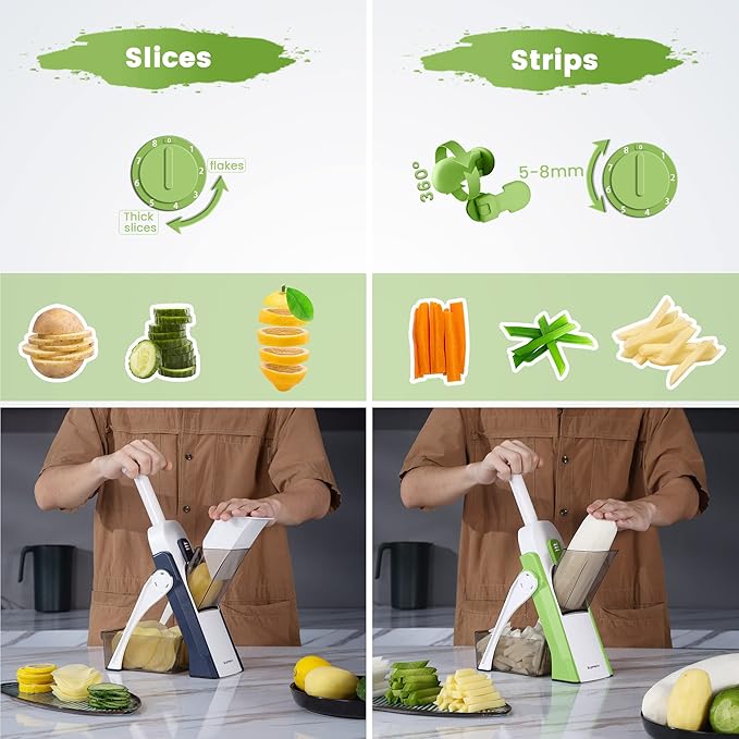 SupMaKin Upgrade Safe Mandoline Slicer, Vegetable Chopper, Potato Slicer 4 Modes Adjustable Thickness Food Cutter, Kitchen Chopping Artifact (6 in 1 Green)