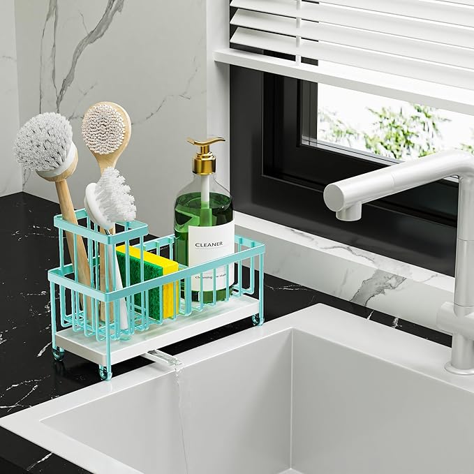 Cisily Sponge Holder for Kitchen Sink, Sink Caddy Organizer with High Brush Holder, Kitchen Countertop Organizers and Storage Essentials, 304 Stainless Steel, Teal Kitchen Decor (Turquoise, 9.25″)
