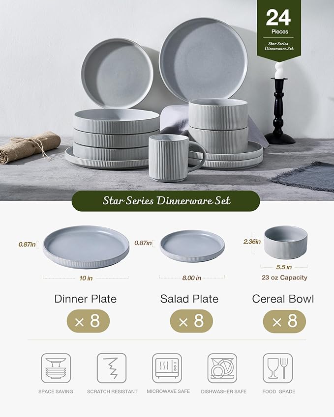 Famiware Star 24-Piece Reactive Glaze Plates and Bowls Sets, Service for 8 - Stoneware Dinnerware Set, High Edge Ribbed Dishes, Chip & Scratch Resistant, Microwave & Dishwasher Safe, Matte Gray