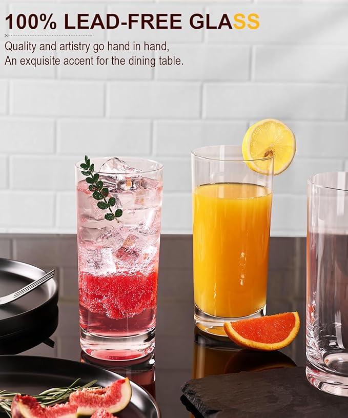 Drinking Glasses Set of 8, 16 oz Water Glasses, Wide Mouth Design Lead-Free Crystal Highball Glassware, Tall Glass Cups for Cocktail Parties, Family Dinners, and Tom Collins Bar Glassware