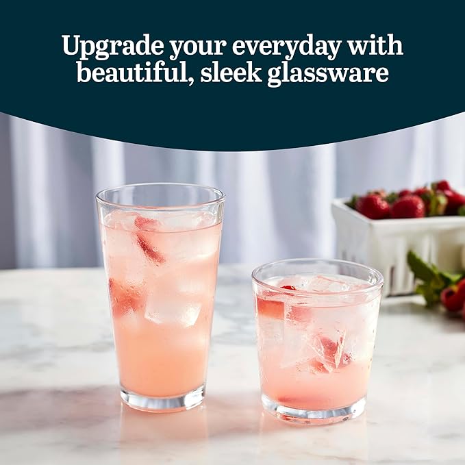 Libbey Flare Rocks, Glass Tumbler Set, Stylish Lead-Free Drinking Glasses Set of 16, Dishwasher-Safe Glass Cups Set for Daily Use and Parties