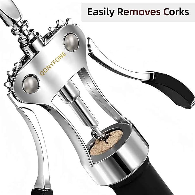 Wing Corkscrew Wine Opener, Premium Zinc Alloy Manual Bottle Opener, Heavy Duty Multifunctional Tool for Kitchen, Bar, Restaurant & Waiters (Polished Silver)