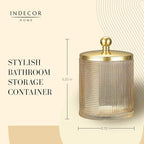 Tan Colored Tranlucent Apothecary Ribbed Geometric Etched Glass Jar W/Gold Metal Lid Cover for Bathroom Organization, Cotton Balls, Q Tips, and Small Accessories, Bathroom Storage