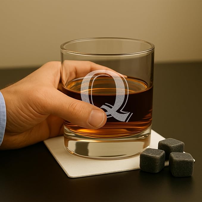 Monogrammed Gifts for Men - 4PC 11 Oz Custom Whiskey Glasses (Q-Monogram) - Engraved Whiskey Glasses - Personalized Whiskey Glasses - Unique Bourbon Glasses - Personalized Glass Gifts for Dad