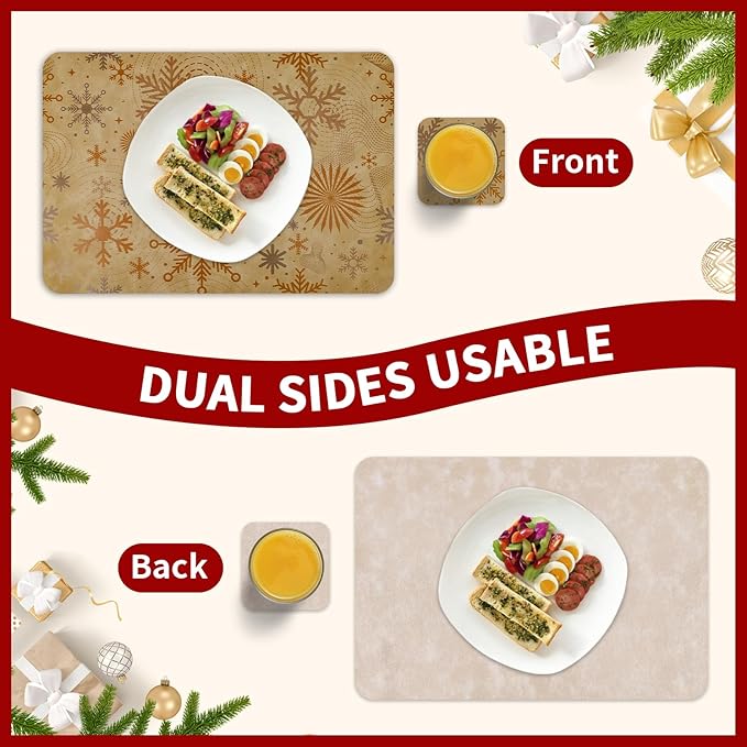 Le courant 16.9in 6PACK Winter Decoration Snowflake Placemats with 6 Coasters, Reversible Faux Leather Easy Clean Waterproof Stain Resistant Place Mats, for Home Party Dining Holiday Table Decor