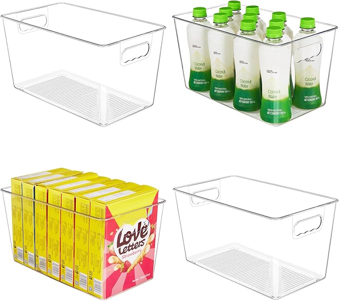 YIHONG Clear Plastic Storage Bins, 4 Pack Pantry Organizer Bins with Handle for Kitchen, Freezer,Cabinet,Closet Organization and Storage(XL)