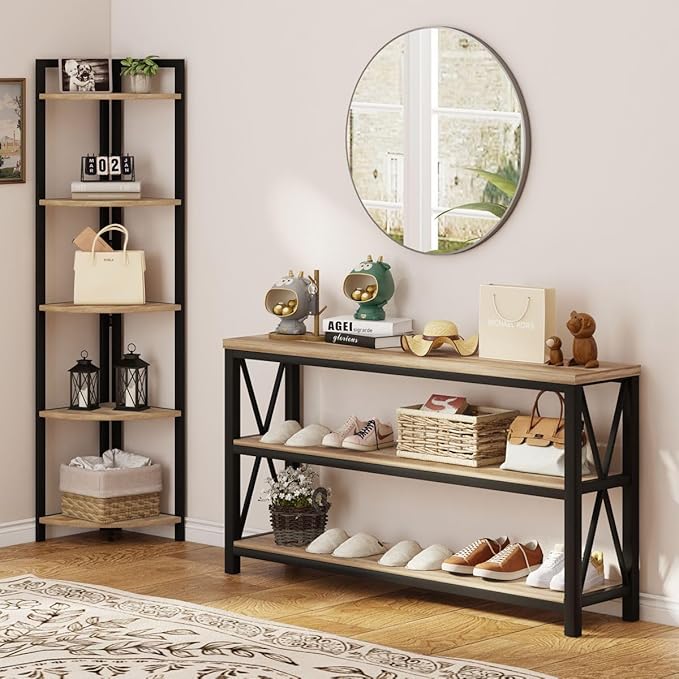FATORRI Tall Corner Shelf, Industrial Corner Bookshelf, Wood and Metal Corner Shelf Stand for Living Room, Rustic Display Plant Stand for Home Office (Rustic Oak)