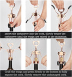KORCCI Wine Opener, Heavy-Duty Zinc Alloy Wing Corkscrew, Premium Beer Bottle Opener, Multifunctional Wine Accessories with Ergonomic Handle and Sharp Screw, for Kitchen, Bar, Restaurant (Rose Gold)