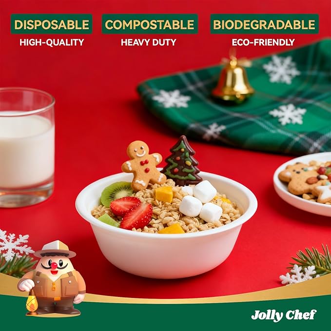 JOLLY CHEF Compostable Disposable Paper Bowl [16 oz] Heavy Duty Soup Containers [150 Pack] Biodegradable Bagasse Hot Cold Food Eco-Friendly Sugarcane Microwavable Bowls for Salad Milk Thanksgiving Day