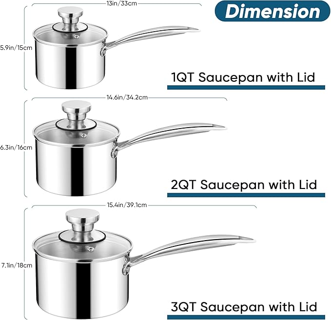 Homikit Stainless Steel Saucepan Set, 1Qt & 2Qt & 3Qt Sauce Pan with Lids 6pcs, Tri-Ply Bottom Induction Compatible Small Cooking Pot kitchen Cookware Set, Dishwasher Safe & Nonstick