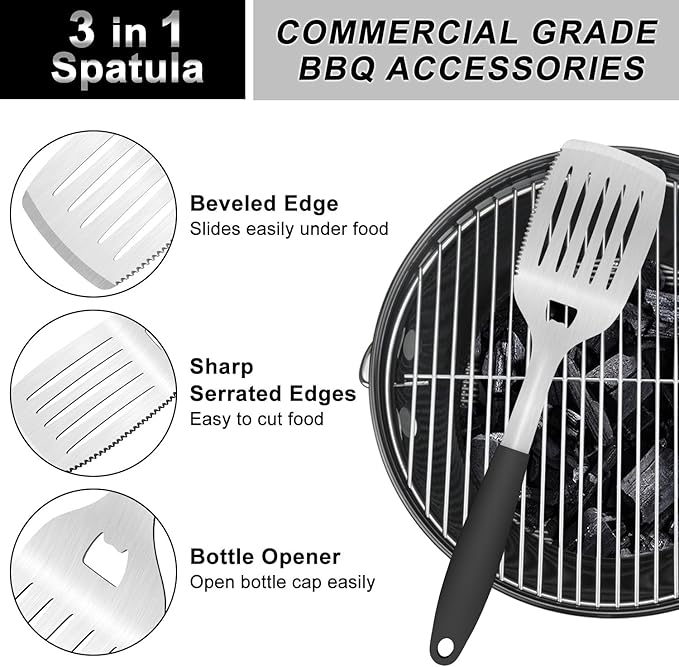 Grill Tools BBQ Accessories Set of 2, 15.8'' Heavy Duty Stainless Steel Grill Utensils with Grill Spatula and Fork, Full Tang Silicone Handle, Outdoor Grilling Tools Barbecue Accessories