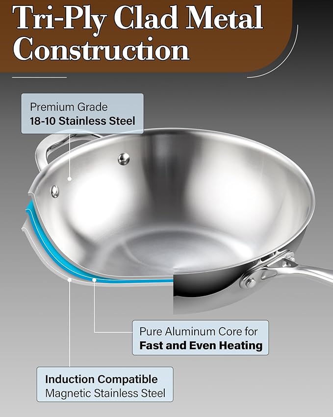 Cooks Standard Wok Pan Stainless Steel, 12-Inch Multi-Ply Clad Stir Fry Pan with Glass Lid, Induction Cookware, Silver