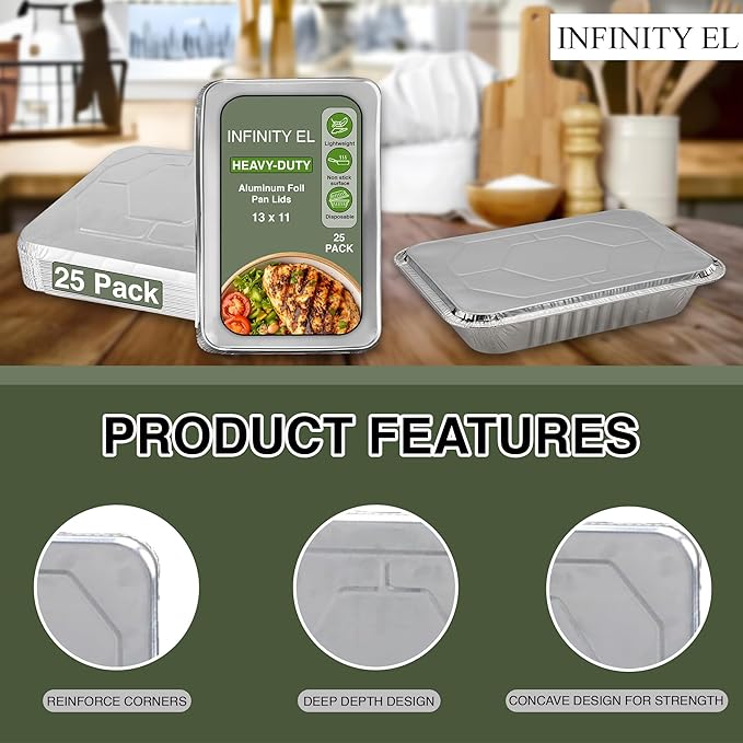 INFINITY EL Disposable Aluminum Foil Pan Lids 25 Pack | Half Size 13" x 11" Insulated Foil Pan Lids | Heavy Duty Aluminum Foil Lids for Catering, Food Storage, Turkey, Lasagna, Parties & Meal Prep