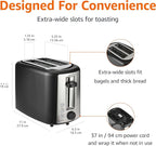 Amazon Basics 2 Slice Toaster, With 6 Browning Settings, Extra Wide Slots For Bagels and Special Breads, Removable Easy-to-Clean Crumb Tray, Cancel/Defrost/Bagel Buttons, 900W, Black & Silver