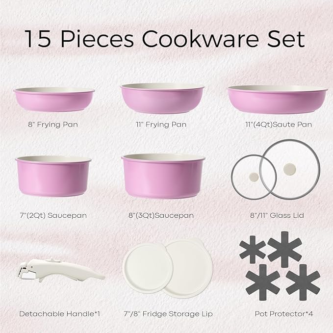 SODAY 15Pcs Pots and Pans Set Non Stick, Cookware Sets with Detachable Handle, Nonstick RV Kitchen Cooking Tools Removable Handles, Oven Safe, Induction Fast, Stackable Induction Cookware, Pink