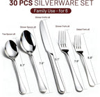 KIKCOIN 30 Pack Silverware Set for 6, Food-Grade Stainless Steel Flatware Set, Heavy Duty Mirror Polished Cutlery Utensils Set with Knives Spoons and Forks Set for Home Kitchen Restaurant Wedding