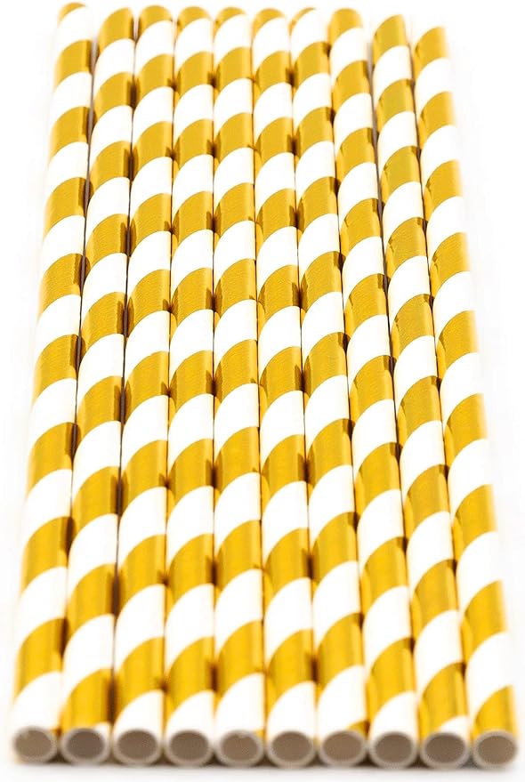 Pack of 900 Gold Foil Swirls Biodegradable 4-Ply Paper Drinking Straws (Compostable, Non-toxic, BPA-free)
