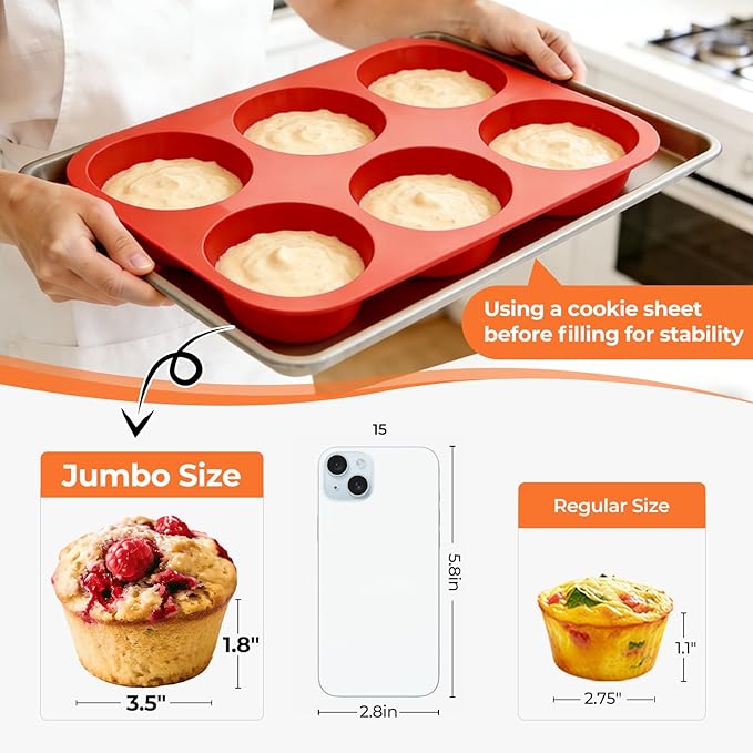 Jumbo Muffin Pan, 3.5 Inch Large Muffin Pan 6 Cup Silicone Jumbo Cupcake Tin for Baking Food Grade Silicone Mold Non Stick