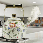 Vintage Enamel Tea Kettle, Rose Floral Pattern Stovetop Teapot with Gold Handle, 2.5L Enamel Kettle Kitchen Decor, Ideal Gift for Housewarming Camping Coffee Pot