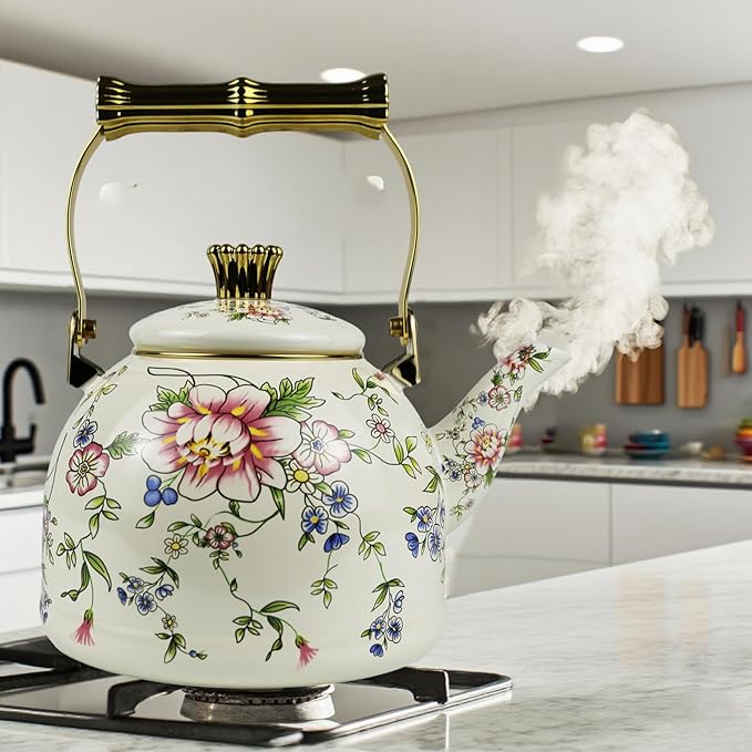 Vintage Enamel Tea Kettle, Rose Floral Pattern Stovetop Teapot with Gold Handle, 2.5L Enamel Kettle Kitchen Decor, Ideal Gift for Housewarming Camping Coffee Pot