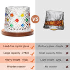 Rotatable Old Fashioned Glass Cup, 275ml/10oz Crystal Whiskey Glass Set of 2, Wood Coaster, Thickening, Used as Rum Glass, Cocktail, Coffee, Milk Cup to Relax and Reduce Stress