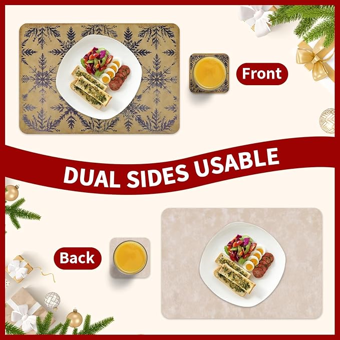 Le courant 16.9in 6PACK Winter Decoration Blue Snowflake Placemats with 6 Coasters, Reversible Faux Leather Easy Clean Waterproof Stain Resistant Place Mats, for Home Party Dining Holiday Table Decor