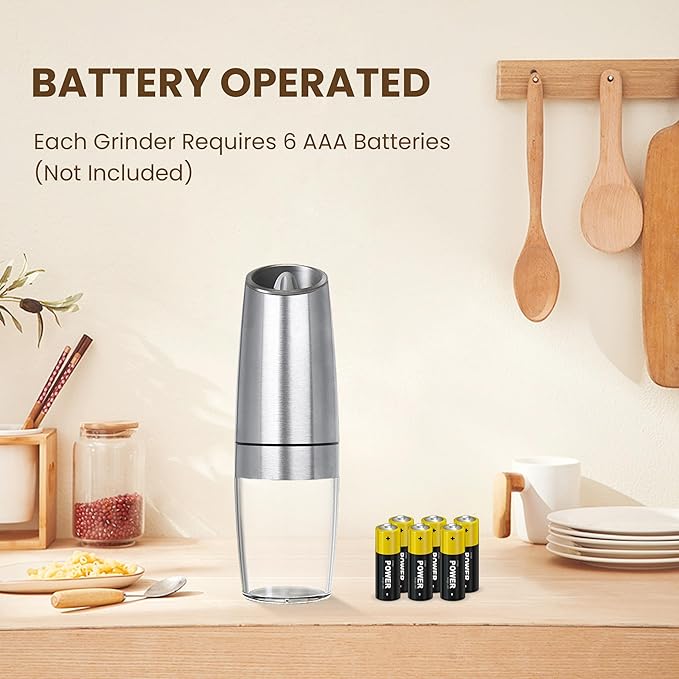 Gravity Electric Salt And Pepper Grinder, Automatic Salt And Pepper Grinder, Battery Powered (6 AAA Batteries Each), Adjustable Roughness, LED Light, 1 Pack, (Silver)