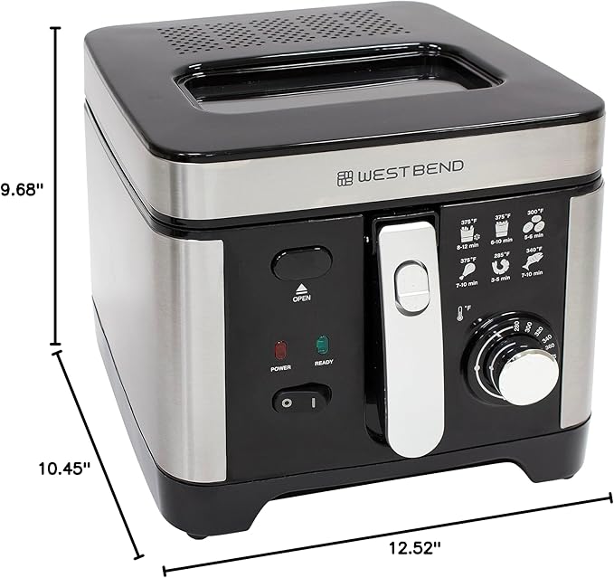 West Bend Deep Fryer with Adjustable Temperature Control Nonstick Basket Easy-View Window and Temperature Guide, Folding Handle and Locking Cover for Easy Storage, 3-Liter, Silver