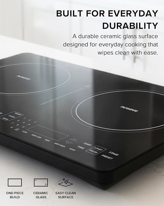 Nuwave PIC Double Portable Induction Cooktop, 900W/1500W/1800W Options, Two 8” Heating Zones, 106 Precise Temperatures from 50°F–575°F in 5°F Increments, Shatter-Resistant Ceramic Glass