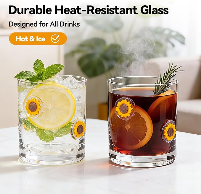 2 Pcs Handmade Sunflower Icon Juice Glass Cup, Durable Heat-Resistant Glass, 14 oz Old Fashioned Drinking Glass Cup for Holiday Party