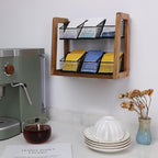 HTB 2 Tier Tea Organizer for Tea Bags, Tea Bag Holder with Acacia Wood Stand and 6 Removable Metal Basket for Sugar Packets, Sweeteners, Creamers for Cabinet, Countertop or Wall-mounted