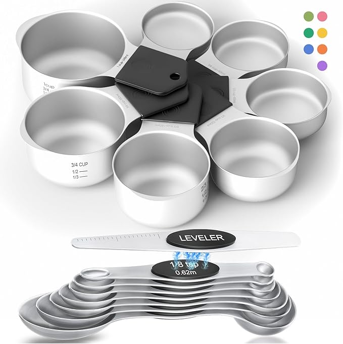 Magnetic Measuring Cups & Spoons Set|304 Stainless Steel Dual Scale Set of 15, Strong N52 Magnetic Nesting Design with Leveler, for Dry&Liquid Ingredients, Dishwasher Safe(Black)