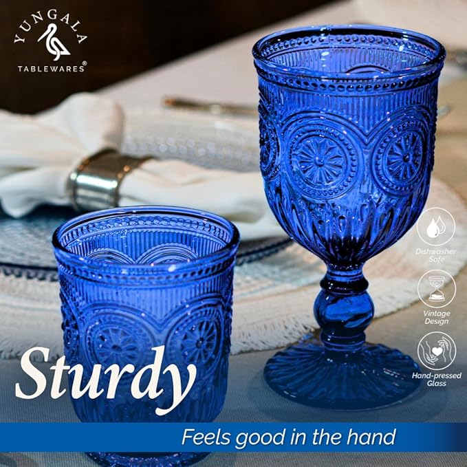 Yungala Cobalt Wine Glasses Set of 6 Goblets - Handcrafted Vintage Glassware with Sunflower Motif, Dishwasher Safe Cobalt Blue Glassware