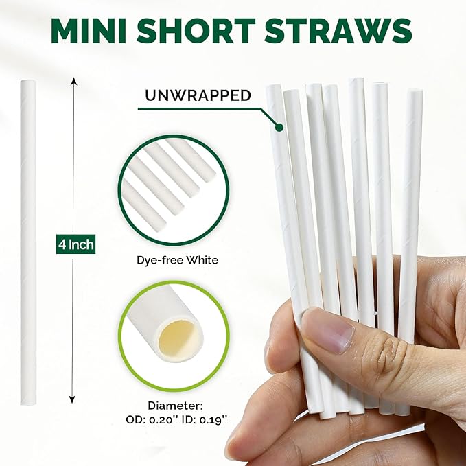 4'' x 0.2'' White Mini Paper Sipping Straws, Tasting & Sample Straws, Stirring Straw Sticks, Paper Sticks, DIY Crafts - Biodegradable, 500 Counts