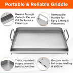 16" x 13" Stainless Steel Flat Top Griddle for Gas & Charcoal Grills, Universal Design for Outdoor & Home Cooking, with Grease Groove & Removable Handle, Ideal for Tailgating & Backyard Parties