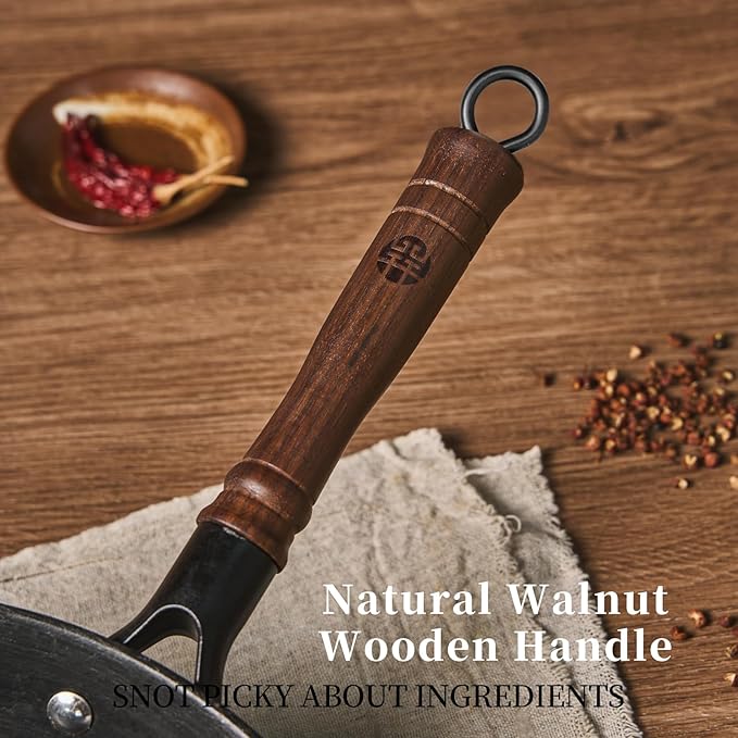 WANGYUANJI 12.6-Inch Cast Iron Chinese Wok with Round Bottom & Glass Lid - Traditional Ancient Wok for Gas Stove and Open Flame Cooking