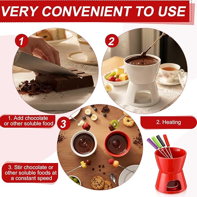 Mudder 8 Pcs Mini Fondue Pot Set with 32 Color Coded Forks Porcelain Tea Light Melting Mugs for Chocolate Cheese Dessert Small Fondue Pot Set for Christmas Valentine's Tapas Gifting (Red White)