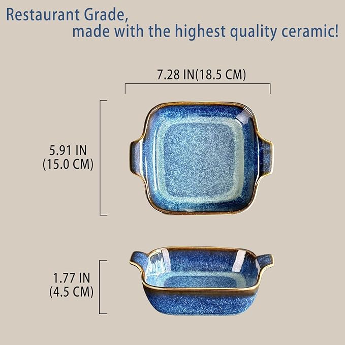Ceramics Au Gratin baking Dishes Set of 4, Baking Tray Bake ware, 10.5 oz Ramekins, for Pie Pan, Appetizer, Tart, Dessert, Quiche, Oven Small dish, individual dishes, Square 7.3 Inch