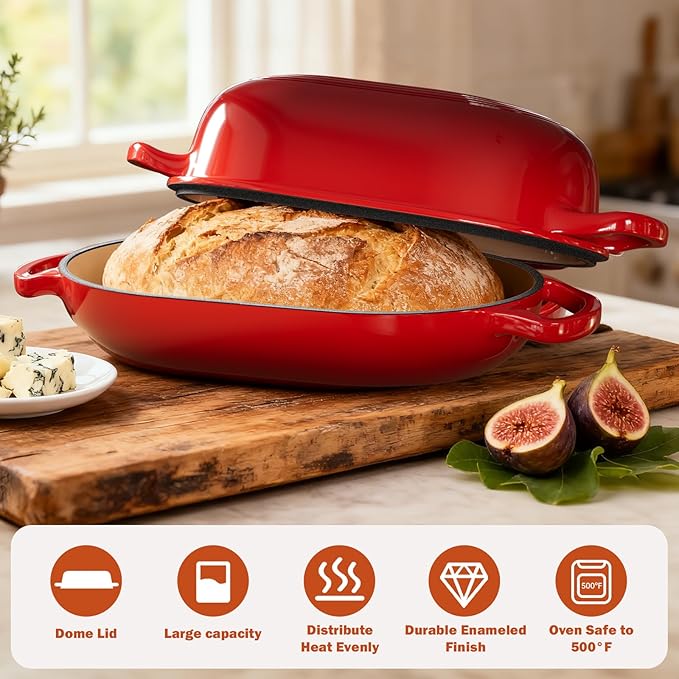 Enameled Cast Iron Sourdough Bread Oven, Dutch Oven, incl. Sourdough Bread-Baking Supplies like Banneton Bread-Proofing Basket - 5QT Loaf Cast Iron Bread Pan for Homemade Bread Baking, Red Meatloaf Pan with Lid